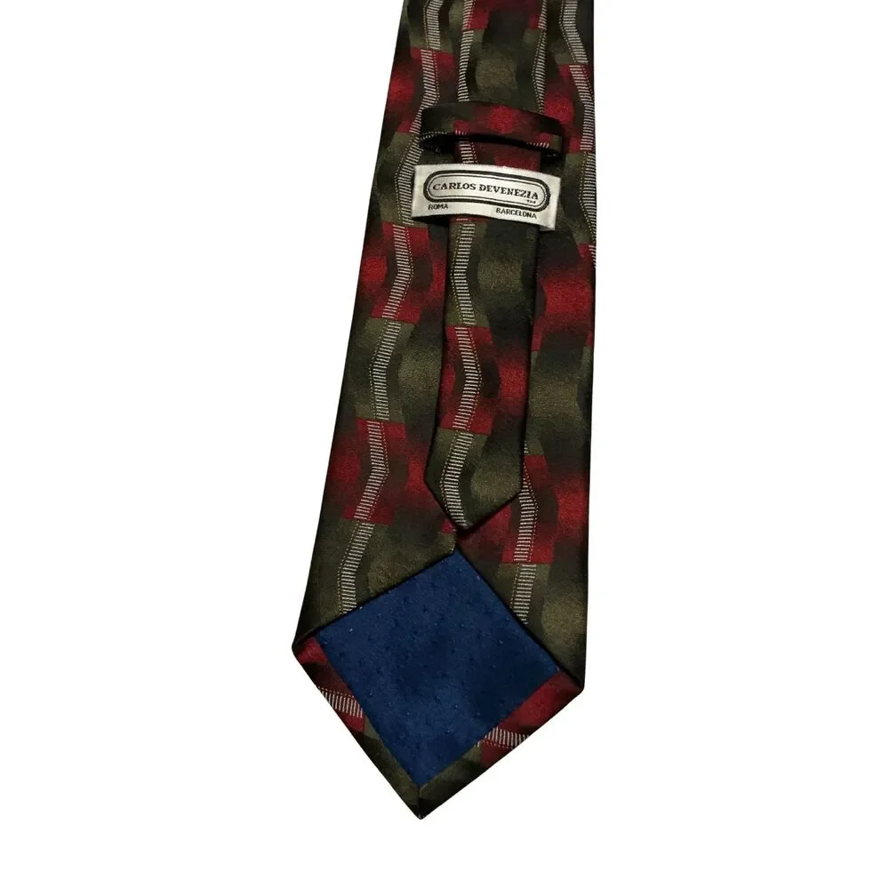 Carlos Devenezia Mens Necktie 59”L 4”W Handmade Geometric Red Olive Green Tie